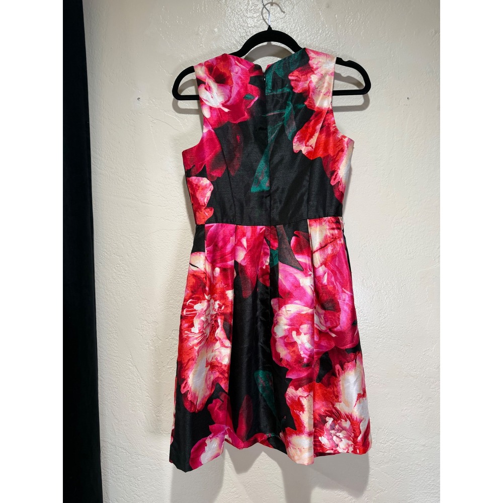 Donna Ricco New York Floral Satin Fit and Flare Dress Black Pink Pockets 6P - Picture 2 of 8